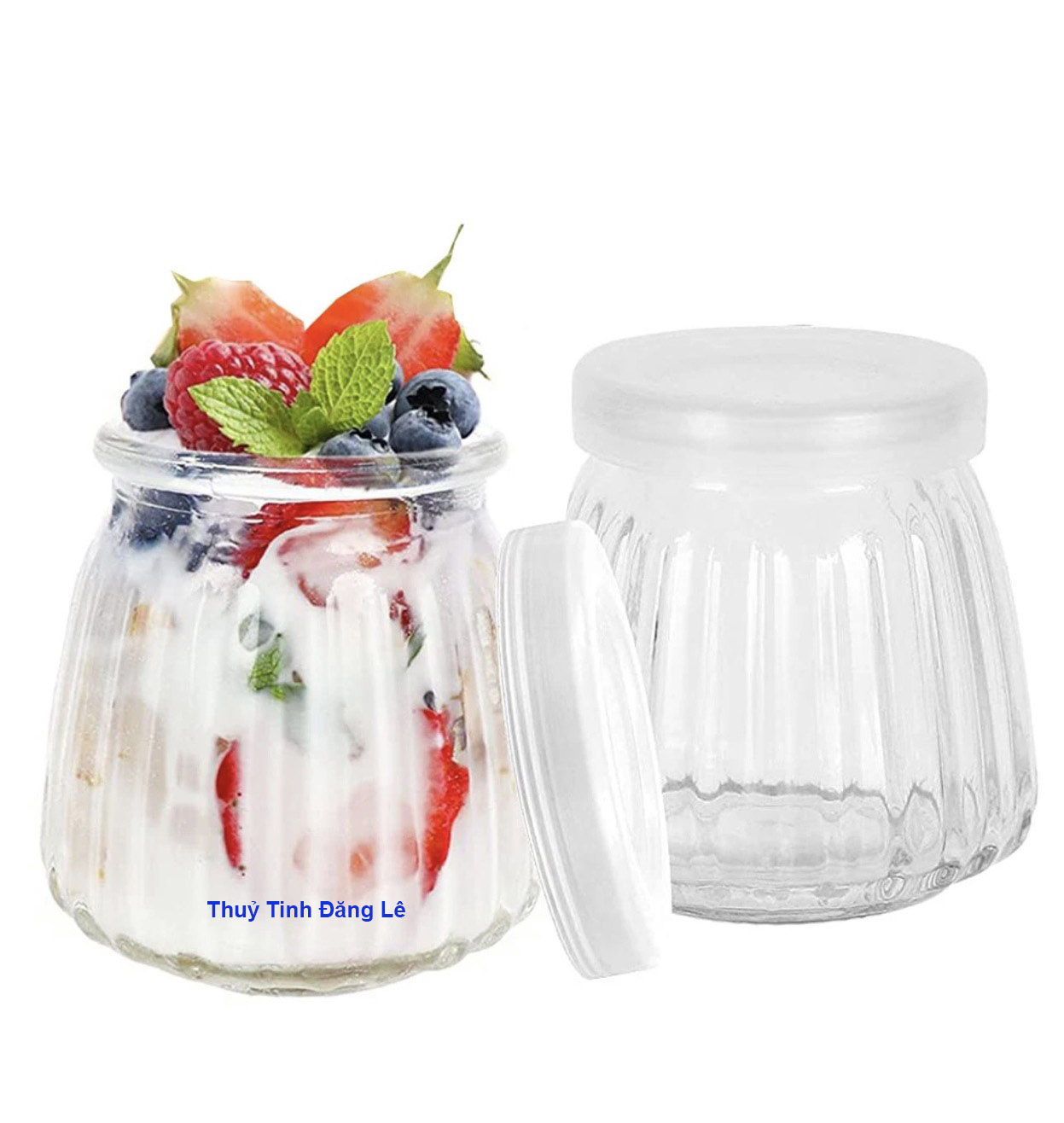 Hũ thủy tinh yaourt sọc 100ml của Thủy tinh Đăng Lê sử dụng nắp nhựa chụp